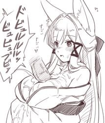 animal_ears blush bow breasts cleavage cum cum_on_body cum_on_breasts cum_on_upper_body disembodied_limb ejaculation_between_breasts female fox_ears fox_girl greyscale hair_ribbon hairbow half_updo heart japanese_clothes kimono kimono_pull large_breasts long_hair monochrome open_mouth original paizuri penis reverse_paizuri ribbon ryuusei_(ryuuseiseikou) sketch solo_focus speech_bubble straight sweatdrop text translation_request veins veiny_penis