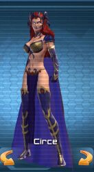 3d belly_dancer_outfit blue_background boots cape character_select circe circe_(dc) dc dc_comics dc_universe_online exposed_shoulders expressionless gloves jewels loincloth long_boots metal_bra navel no_panties official_art purple_clothing purple_lipstick red_hair revealing_clothes skin_tight skinny slim slim_waist text thighs tiara villainess white_gloves