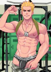 1boy abs arm_up blonde_hair briefs bulge cocky dog_tags flexing flexing_bicep gym gym_leader locker looking_at_viewer lt_surge male male_only maorenc muscular nipples pants_down pecs pokemon pokemon_rgby shirt_pulled_behind_neck smile smiling_at_viewer smug solo solo_male underwear