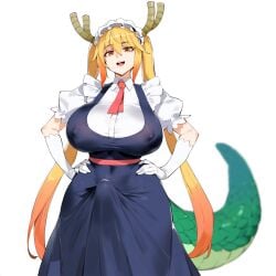 1girls ai_generated blonde_hair breasts chi covered_navel covered_nipples dragon_girl dragon_maid dragon_tail dress erection_under_clothes fangs futanari gloves hands_on_hips horns huge_breasts kobayashi-san long_hair looking_at_viewer maid maid_dragon maid_headdress maidragon monster_girl naughty_face no open_mouth orange_eyes slit_pupils smile solo tail tohru_(dragon_maid) tooru_(maidragon) twintails white_gloves