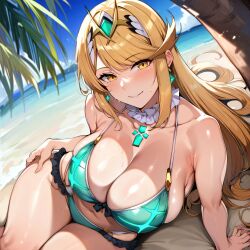 1girls ai_generated alternate_breast_size beach bikini blonde_hair bostin day daytime large_breasts light-skinned light-skinned_female looking_at_viewer mythra navel ocean sky smile smiling smiling_at_viewer swimwear teal_bikini thick_thighs xenoblade_chronicles_2