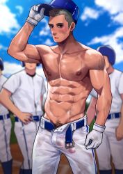 4boys abs arm_up aroused baseball_hat baseball_uniform blush bulge dirty erection erection_under_clothes grey_hair looking_at_viewer male male_only maorenc muscular nipples open_mouth open_pants pecs penis penis_visible_through_pants pubic_hair see_through solo_focus sweat topless