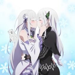 2girls ai_generated aivime echidna_(re:zero) elf elf_female emilia_(re:zero) kissing lesbian_couple lesbian_kiss long_hair purple_eyes re:zero_kara_hajimeru_isekai_seikatsu white_hair yellow_eyes yuri