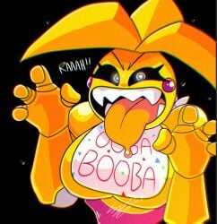 ! !! 1girls animatronic big_breasts black_background breasts dark_background english english_text female female_focus female_only five_nights_at_freddy's five_nights_at_freddy's_2 fnaf gmaster36 heart-shaped_pupils panties robot robot_girl sharp_teeth text tongue tongue_out toy_chica_(fnaf)