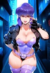 1girls ai_generated breasts crossed_arms cyborg fellatio_gesture female ghost_in_the_shell kusanagi_motoko large_breasts light-skinned_female light_skin looking_at_viewer purple_hair short_hair solo thighhighs