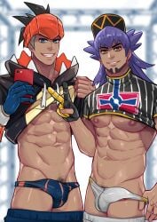 2boys abs beard black_hair bulge cocky dark_male_only erection erection_under_clothes facial_hair gay gloves hat leon_(pokemon) looking_at_viewer male male_only maorenc muscular nipples pants_down peace_sign pecs penis penis_peek phone pokemon pokemon_ss pubic_hair purple_hair raihan_(pokemon) selfie shirt_lift smile smiling_at_viewer standing thong underwear underwear_pull yaoi