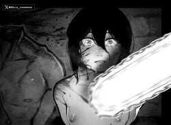 blood chainsaw chainsaw_man corpse death decapitation delta_com denji_(chainsaw_man) gore guro imminent_death male_death monochrome naked nayuta_(chainsaw_man) nipples small_breasts tagme