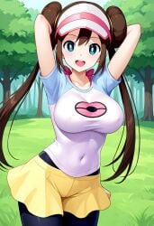 ai_generated arms_behind_head big_breasts blue_eyes brown_hair civitai headwear large_breasts leggings long_hair pokemon rosa_(pokemon) shirt skirt yellow_skirt