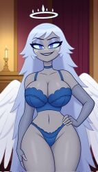 1girls ai_generated alternate_version_available angel boob_window cleavage emily_(hazbin_hotel) hazbin_hotel long_hair looking_at_viewer purple_hair roger1011 solo thighs wings