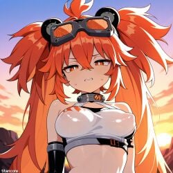 (titancore) ai_generated bear_ears collar girl goggles_on_head koleda_belobog long_hair nipples_visible_through_clothing red_hair see-through_clothing single_girl small_breasts sunset twintails video_game_character zenless_zone_zero