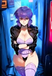 1girls ai_generated breasts crossed_arms cyborg female ghost_in_the_shell kusanagi_motoko large_breasts light-skinned_female light_skin looking_at_viewer purple_hair short_hair solo thighhighs