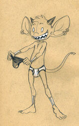 anthro balls barefoot big_ears briefs bulge clothing dialogue full-length_portrait grin holding_object holding_underwear horn imp male male_only monochrome piercing plantigrade portrait rear_view sharp_teeth slim smile solo spade_tail teeth thong traditional_media_(artwork) tush tush_(character) underwear