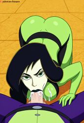 ai_generated all_fours black_hair civitai cum fellatio gloves green_eyes green_outfit kim_possible long_hair pov_blowjob pov_hands shego