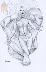 black_and_white breasts corset emma_frost female female_only hellfire_club jay_anacleto large_breasts marvel marvel_comics panties traditional_media traditional_media_(artwork) white_queen x-men