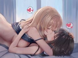 2girls big_breasts black_hair blonde_female blonde_hair bottomless breasts couple fumei_(mugendai) girlfriends hand_on_head heart hearts kissing light-skinned_female light_skin maribel_hearn renko_usami touhou yuri