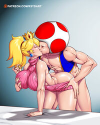 1boy 1girls ambiguous_penetration ass breast_grab breasts clothing crown doggy_style female french_kiss kissing male mario_(series) meme muscles muscular muscular_male nintendo pink_sweater ponytail princess_peach r3ydart sex simple_background standing sweater tied_hair toad_(mario) virgin_killer_sweater