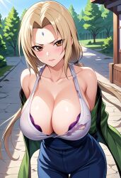 ai_generated arms_behind_back big_breasts blonde_hair bra brown_eyes civitai damaged_clothes forehead_mark large_breasts long_hair looking_at_viewer naruto naruto_(series) naruto_shippuden ripped_clothing tsunade