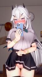 1girls 3d bedroom big_breasts black_nails blush bracelet bracelets breasts collar deluxe_rosie demon_girl demon_horns embarrassed female female_only fully_clothed horns indie_virtual_youtuber indoors light-skinned_female light_skin long_hair looking_at_viewer mirror mirror_selfie no_panties phone pointy_ears pussy school_uniform selfie skirt skirt_lift solo solo_female succubus thighhighs thighs veibae virtual_youtuber wings