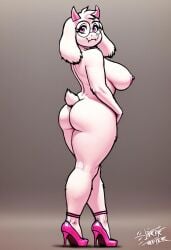 1girls ai_generated anthro ass big_ass big_breasts bovid bovine breasts busty crossgender deltarune female female_only furry genderswap_(mtf) glasses goat high_heels huge_breasts large_breasts looking_back looking_over_shoulder naked naked_female naked_footwear naked_heels nipples ralsei ralsei_with_white_fur rear_view rule_63 sideboob solo thick_legs thick_thighs unknown_artist