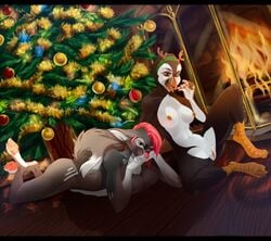 anthro avian bird breasts canine christmas christmas_tree duo female fireplace holidays ltshiroi mammal nipples omesore puffin pussy smile spread_legs spreading tree