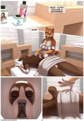 anthro ass balls canine celeste_(artist) clothed clothing comic duo english_text female fur lying male mammal massage on_front smile straight text towel