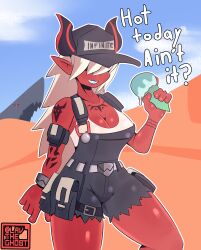 big_breasts covered_eyes demon demon_girl demon_horns desdemona_(fortnite) deserto fortnite fortnite:_battle_royale ice_cream lavtheghost purple_lipstick red_skin simple_background thick_thighs wasteland white_hair