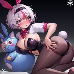 1girls ai_generated ass blush breasts cameltoe game_cg gray_hair hair_ornament jashinn large_breasts leotard looking_at_viewer pink_eyes playboy_bunny rabbit_ears rabbit_hole_(vocaloid) stable_diffusion surprised syahata's_bad_day