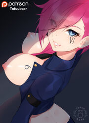 2d areolae artist_name big_breasts breasts female female_only large_breasts league_of_legends light-skinned_female light_skin looking_at_viewer nipples no_bra officer_vi pale-skinned_female pale_skin pink_nipples simple_background solo tofuubear vi watermark