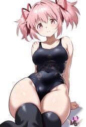 ai_generated artist_logo big_breasts big_breasts hair_ribbon highres leotard madoka_kaname madoka_worship magical_girl mahou_shoujo_madoka_magica on_floor pink_eyes pink_hair puella_magi_madoka_magica red_ribbon ribbon ribbons simple_background sitting_on_floor smile thick_thighs thighhighs twintails wide_hips