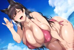 1girls ai_generated atago_(azur_lane) azur_lane big_breasts bikini black_hair black_legwear breasts dog_ears enormous_breasts female huge_breasts large_breasts mature_female smiling_at_viewer thick_thighs thighs yellow_eyes