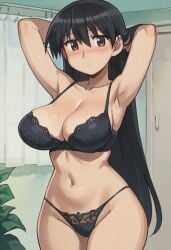 1girls ai_generated arms_behind_head azumanga_daiou big_breasts black_bra black_hair black_panties blush bra breasts brown_eyes caught discovered embarrassed female gastkeser82 huge_breasts large_breasts long_hair looking_at_viewer panties parted_lips petite sakaki solo surprised surprised_expression thong undressing voluptuous walking_in_on