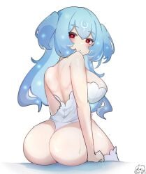 1girls ass back_view bao_(vtuber) blue_hair breasts clothing exposed_shoulders indie_virtual_youtuber looking_at_viewer sae_art sitting solo sweat virtual_youtuber vtuber white_background