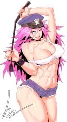 1girls abs artist_signature breasts female final_fight minew muscular muscular_female pink_hair poison_(final_fight) revealing_clothes short_shorts simple_background six_pack solo street_fighter tongue tongue_out whip white_background wink