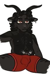 1boy anthro big_horns black_fur black_hair boner boxer_briefs boxers bulge casual_boner casual_erection casual_exposure chest_hair chubby_anthro chubby_belly chubby_furry chubby_male curly_hair demon demon_boy furry goat goth happy_trail long_hair male male_only male_underwear metalhead pierced_eyebrow piercing pubic_tattoo red_eyes resting_bitch_face saggeza-selvaggia serious_face sitting solo solo_male spread_legs teasing thick_eyebrows tusks underwear underwear_only white_background