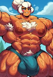 abs ai_generated ambush_(trap) armpit_hair brawl_stars bulge charlie_(brawl_stars) chest_hair extreme_muscles futa futanari genderswap genderswap_(ftm) hairy_armpits hairy_arms hairy_chest muscular rule_63 sewoh solo white_hair