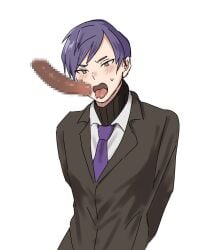 blush censored_penis fully_clothed gay hands_behind_back here_comes_the_aeroplane lobotomy_corporation open_mouth project_moon purple_hair purple_tie suit yesod