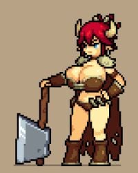 armor athletic athletic_female axe badcolor barbarian big_breasts bikini blue_eyes cowgirl cute goblin_nest hathor_(badcolor) horns hourglass_figure huge_ass huge_breasts large_breasts muscular muscular_female pixel_art red_hair redhead short_hair solo