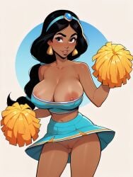 1girls abstract_background ai_generated aladdin arabian_female barely_contained_breasts big_eyes black_hair busty cheerleader cheerleader_uniform disney disney_princess earrings large_breasts long_hair middle_eastern_female nipples overflowing_breasts pom_poms princess princess_jasmine royalty tagme top_heavy userisbad