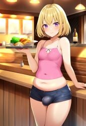 1boy 2d ai_generated blonde_hair bow broccoli busty_boy clothing drink erect_penis erection erection_under_clothes fat femboy food looking_at_viewer male male_only meat muffin_top oc original otoko_no_ko outback_steakhouse purple_eyes restaurant short_hair shorts trap vegetable wine wine_bottle wine_glass