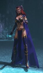 3d belly_dancer_outfit bikini_armor boots cape circe_(dc) cleavage dc dc_universe_online exposed_thighs gloves hourglass_figure jewels loincloth long_boots long_gloves looking_at_viewer metal_bra navel no_panties official_art purple_clothing purple_lipstick red_hair revealing_clothes sexy supervillain_costume thighs tiara video_game video_games villainess white_eyes