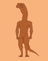 2024 4_toes abs anthro balls biped brown_body casual_nudity digital_media_(artwork) dinosaur diplodocid extinct feet flaccid full-length_portrait genitals hi_res humanoid_genitalia humanoid_penis long_neck male muscular muscular_anthro muscular_male narrowed_eyes nude orange_background penis portrait prehistoric_species reptile sauropod sauropodomorph scalie simple_background standing toes zagz