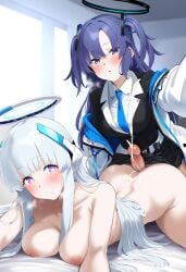 ai_generated bedroom blue_archive cum doggy_style ejaculation erection futanari gerumusi implied_futanari noa_(blue_archive) on_bed projectile_cum reaching_towards_viewer selfie sex_from_behind skirt_suit yuuka_(blue_archive)