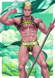 1boy abs arm_up armpit_hair armpits body_hair bulge chest_hair cocky facial_hair flag flexing flexing_bicep green_hair harness holding_flag holding_object looking_at_viewer male male_only maorenc mohawk muscular nipples original_character pecs smile smiling_at_viewer smirk smirking_at_viewer smug solo solo_male stubble treasure_trail underwear