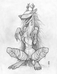 anthro blindfold bloodborne breasts canid canine canis ecmajor female fromsoftware genitals hi_res mammal monochrome nude pussy solo sony_corporation sony_interactive_entertainment tongue tongue_out vicar_amelia wolf