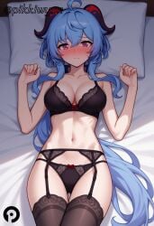 ahoge ai_generated bangs bare_shoulders bed bed_sheet black_bra black_panties black_thighhighs blue_hair blush bow bow_bra bow_panties bra breasts cleavage closed_mouth collarbone female ganyu_(genshin_impact) garter_belt genshin_impact goat_horns hands_up horns large_breasts lingerie long_hair looking_at_viewer lying navel nose_blush on_back on_bed panties pikkiwynn pillow purple_eyes solo stomach thigh_gap thighhighs thighs underwear underwear_only very_long_hair