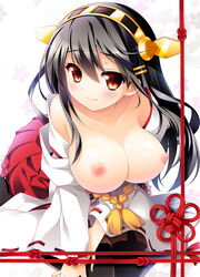 black_hair blush boots breasts brown_eyes female hair_ornament hairband hairclip haruna_(kantai_collection) japanese_clothes kantai_collection kimono kimono_skirt large_breasts leaning_forward long_hair nipples nontraditional_miko off_shoulder ribbon-trimmed_sleeves ribbon_trim saji-wata sasai_saji skirt thigh_boots thighhighs