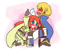 1boy blazblue blonde_hair blue_eyes fellatio female jin_kisaragi kisaragi_jin red_hair tsubaki_yayoi