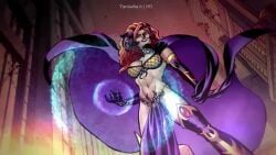 1girls belly_dancer_outfit building buildings cape circe circe_(dc) cleavage dc dc_comics dc_universe_online evil_grin flowing_clothing hourglass_figure jewels loincloth long_hair magic metal_bra navel no_panties official_art purple_clothing purple_lipstick red_background red_hair revealing skinny slim_waist smile supervillain_costume supervillainess tiara viewed_from_below villainess white_eyes witch