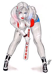 1girls baseball_bat cleavage clothed harley_quinn joe_lima leaning_forward looking_at_viewer solo traditional_media_(artwork)