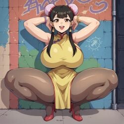 ai_generated alley arms_behind_head black_hair bracelet brown_eyes bun_cover china_dress cleavage cowboy_shot cowgirl_position double_bun dress female female_focus female_only heels huge_breasts jewelry large_breasts light-skinned_female light_skin lipstick long_hair pantyhose qipao shadow street thick_thighs thighs vivian_wong yu-gi-oh! yu-gi-oh!_duel_monsters